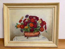 97x77/ Aug. Meier / handgemaltes Öl Gemälde Zinnien