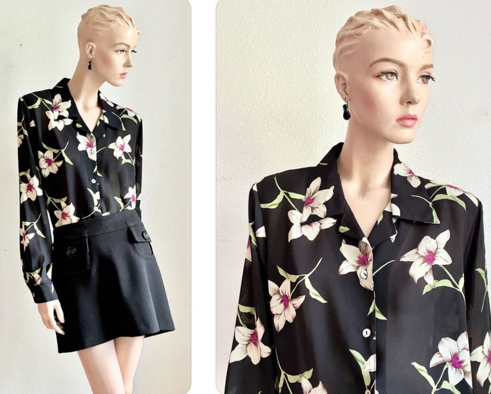 Blusen: Bluse mit Blumenprint mit schwarzem Jupe – Gebraucht aus Kloten von Nephty