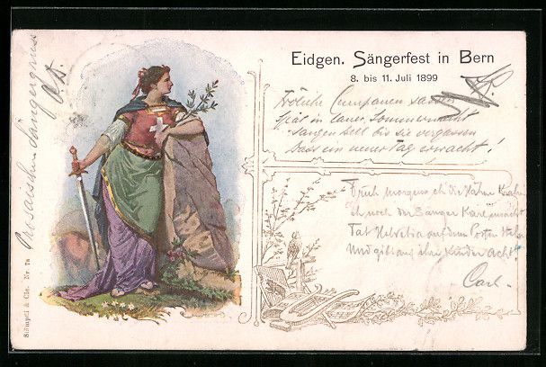 Ansichtskarten: Litho Bern, Eidgen. Sängerfest 1899, He – Gebraucht aus Berlin von bartko-reher