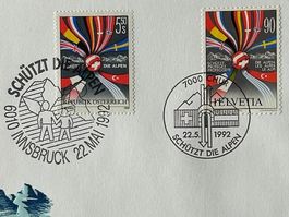 🌟 FDC Schützt die Alpen 1992 Kombin. Österreich - CH Nr.831