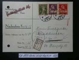 CH 1933 schön frankierte Karte mit Zettel nicht abgeholt