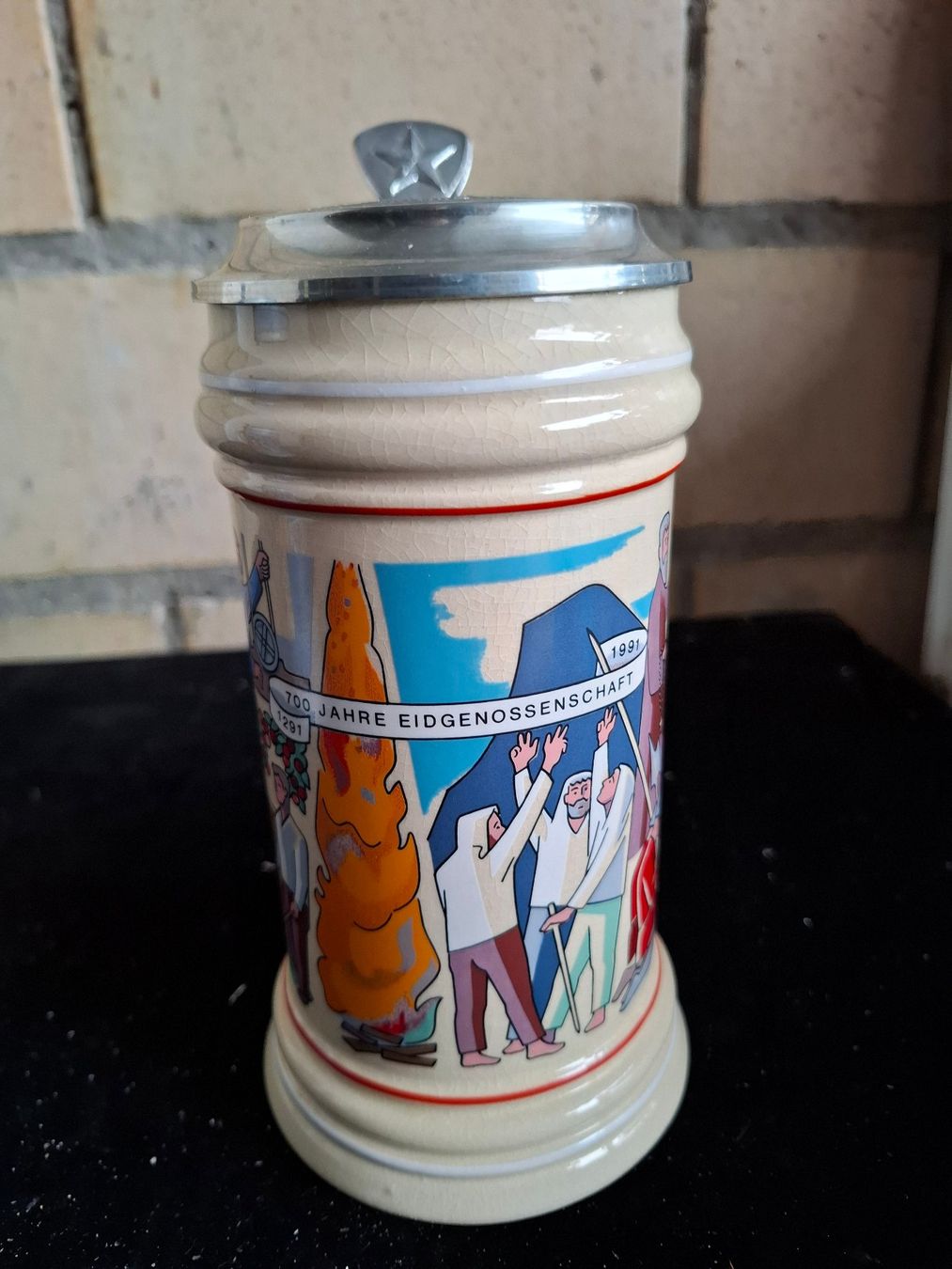Bicchieri: Schweizer Bierkrug mit Zinndeckel - 700 Jahre Eidgenossen... – Usato da Schönholzerswilen venduto da clyde123