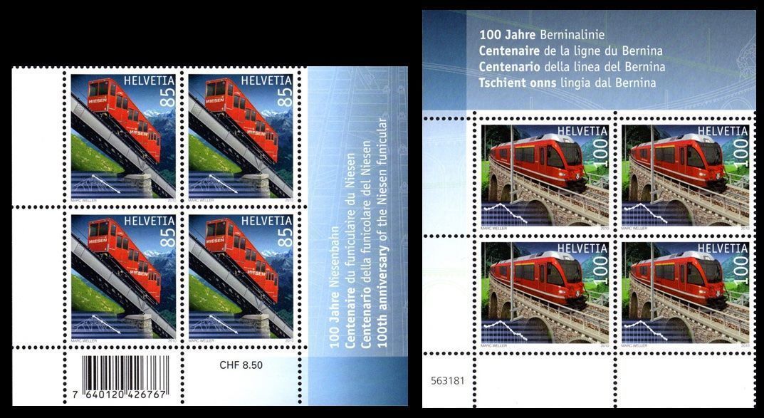Tutti i francobolli: Viererblöcke Niesenbahn**+Berninalinie** – Nuovo (secondo la descrizione) da Dottikon venduto da haeusibuh5