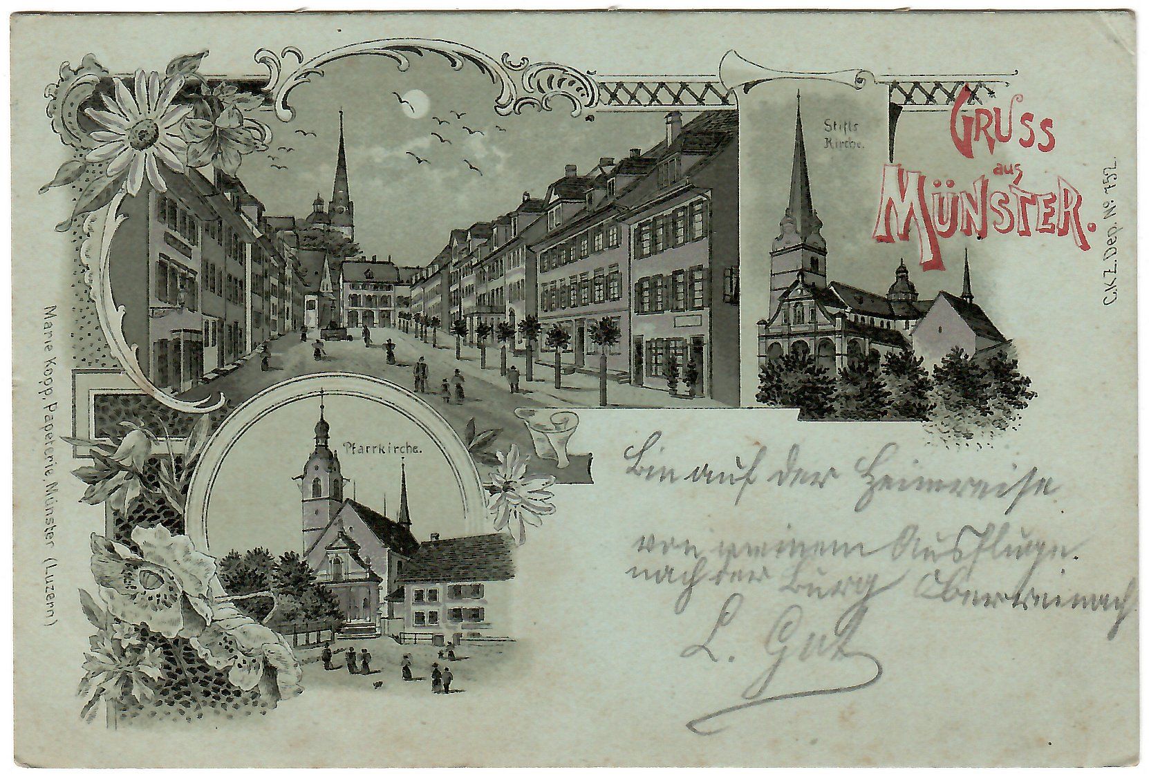 Cartoline postali: 3-Bild Lithokarte  'Gruss aus Münster' – Usato da Kerns venduto da etma3