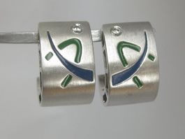Vintage Ohrringe Halb Creolen 925 + MP Zirkonia Emaille