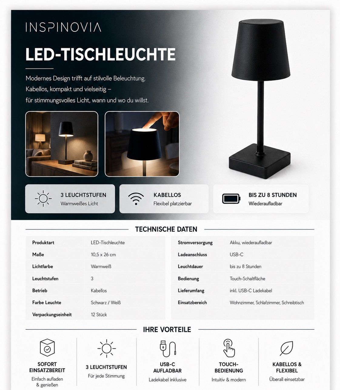 Lampade: LED Tischleuchte JASMIN Tischlampe LED-Leuchte – Nuovo e nell'imballaggio originale da Wallenwil venduto da toesstal-vertrieb 7