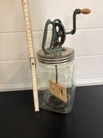 Butterfass Glas Behälter mit Kurbel antik Metall Glas