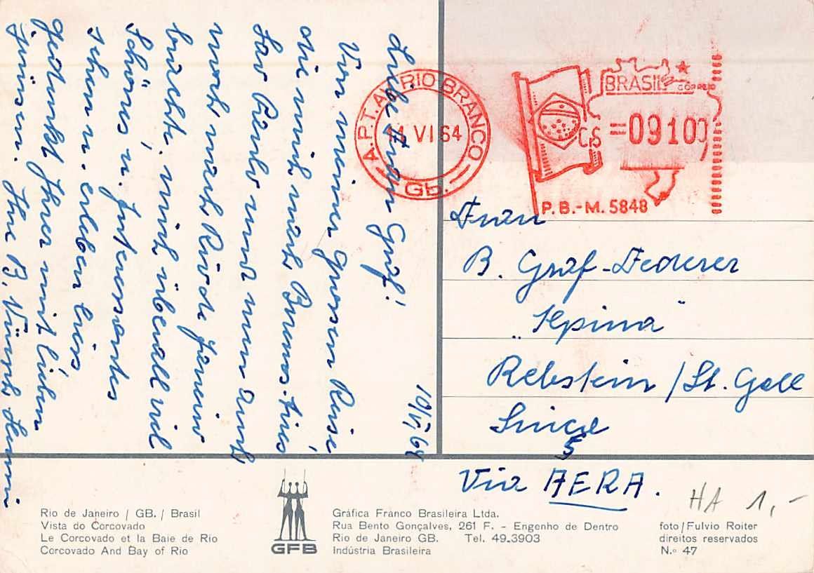 Cartoline postali: EXOTISCHE Ansichtskarte RIO mit FRANKIERMASCHINE – Usato da Lufingen venduto da TopAnsichtskarten 1