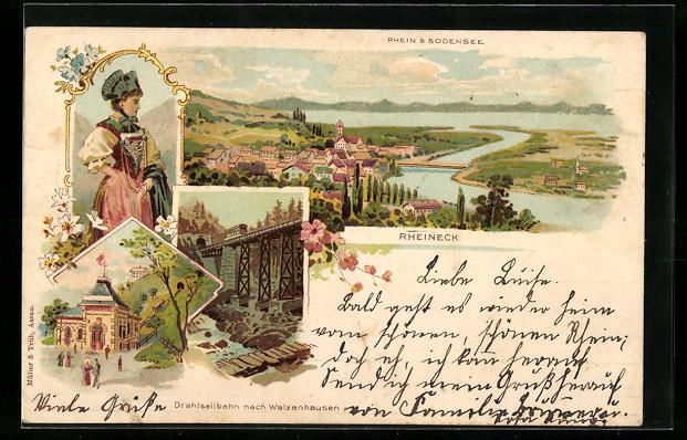 Cartoline postali: Litho Rheineck, Drahtseilbahn nach Walze – Usato da Berlin venduto da bartko-reher