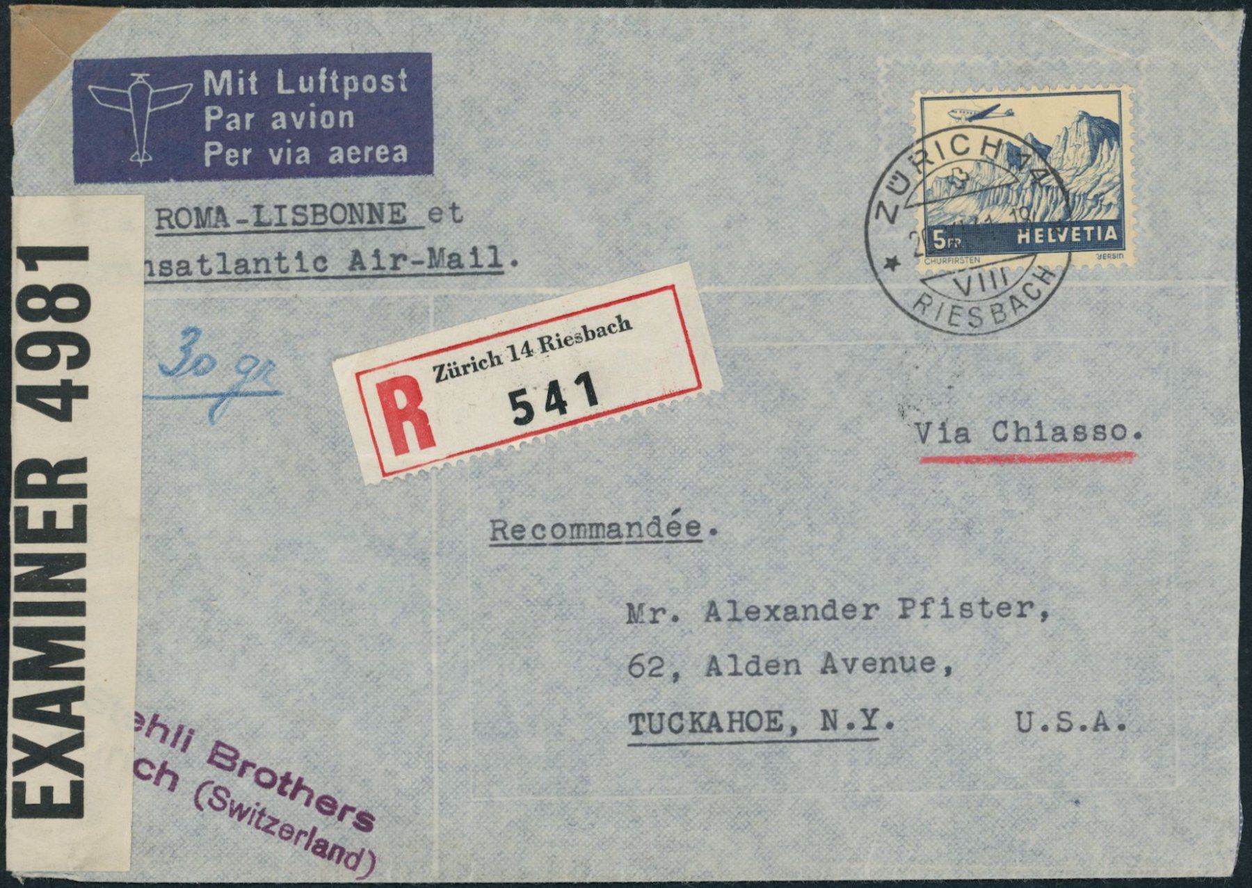Tutti i francobolli: 1941 - Flugpost - Brief • Zensur - EF - > USA – Usato da Schindellegi venduto da leecollect