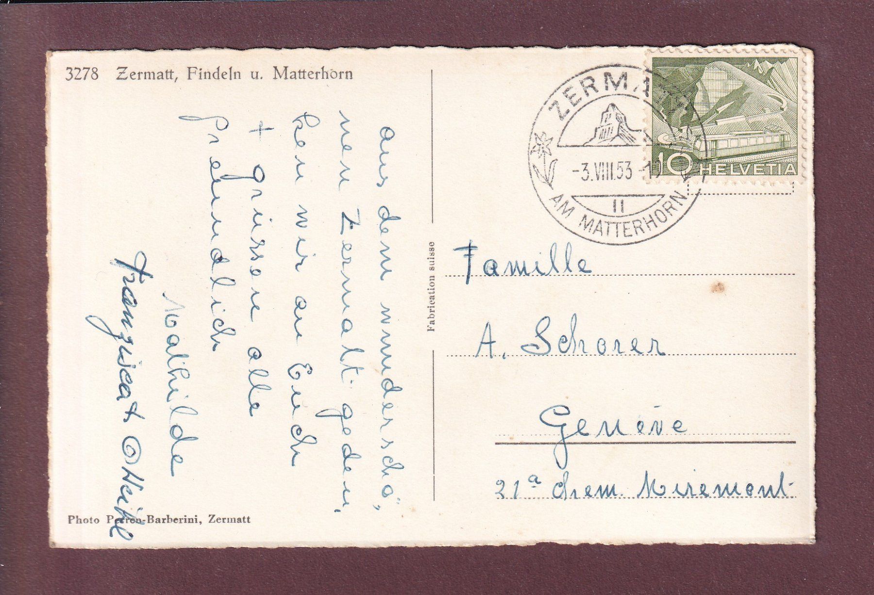 Ansichtskarten: FINDELEN - MATTERHORN - 1953 – Gebraucht aus Pully von nicecards 1