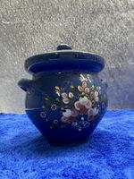Blauer Keramiktopf mit Deckel, Handbemalt - Vintage