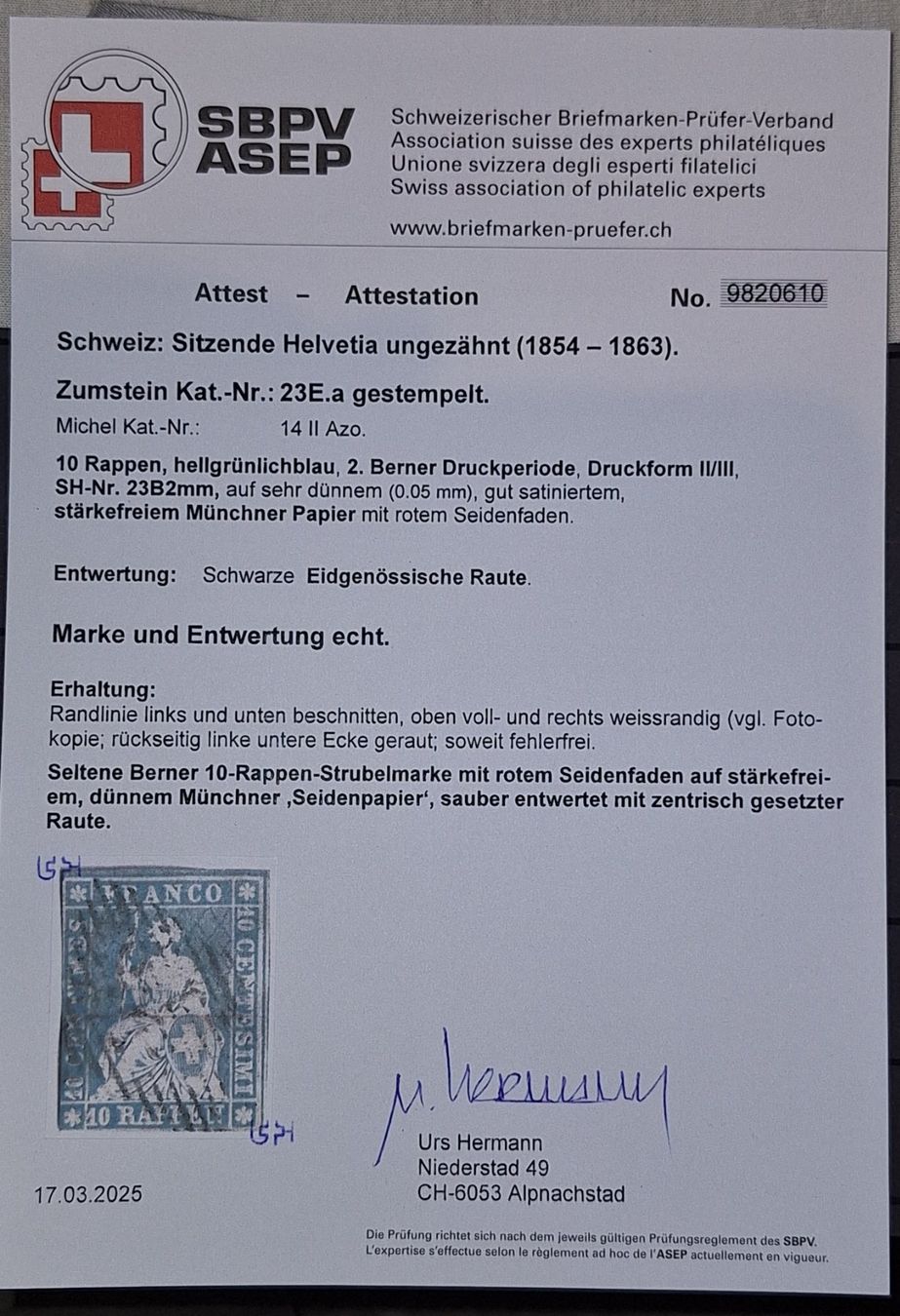 Tous les timbres: Strubel 23B2mm mit Attest Kat. 5000.- – D'occasion à Balgach par SIMEON27 2