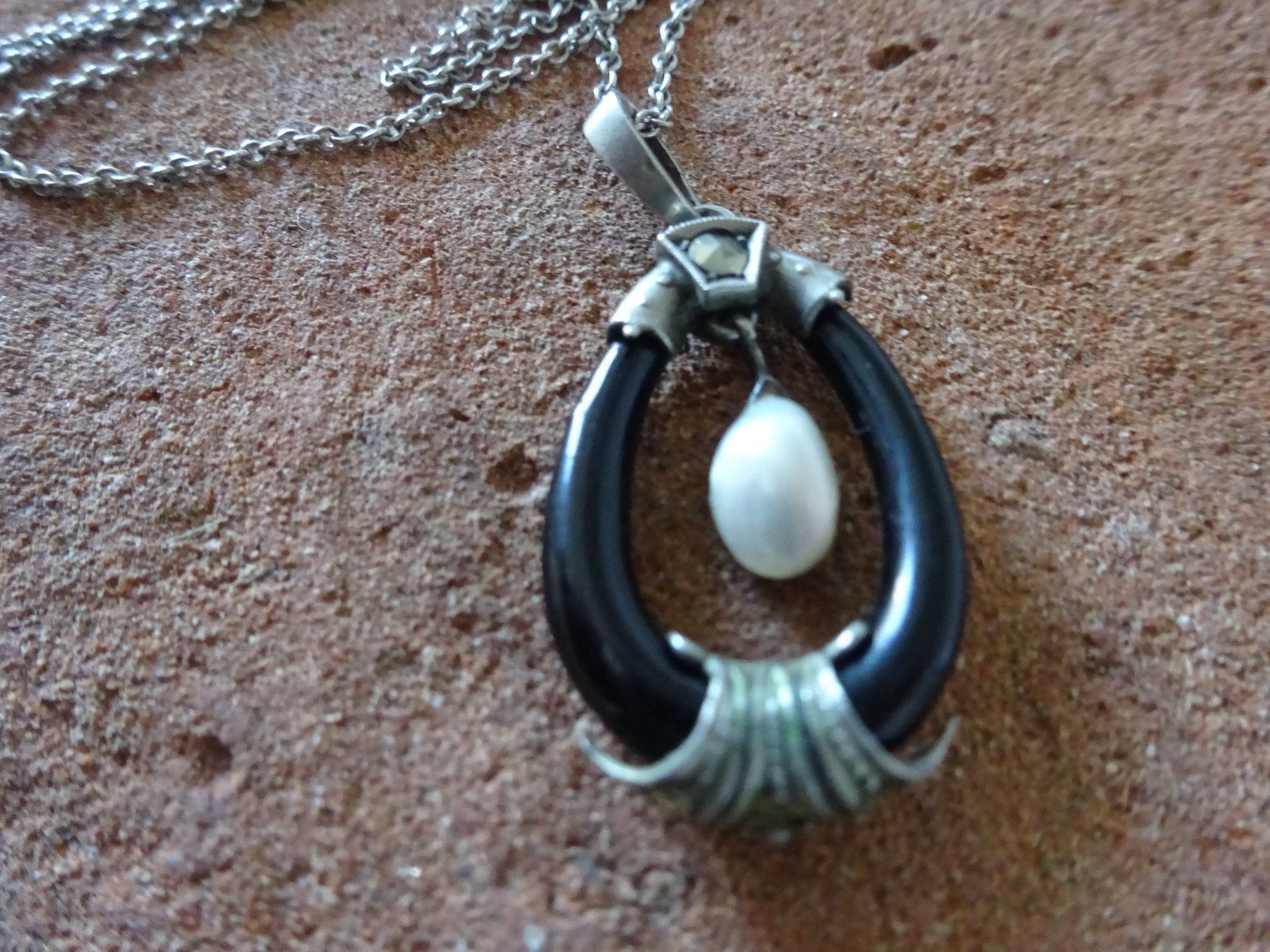 Catenine: Kette Perle Onyx Jugendstil / 835 Silber – Usato da Esslingen venduto da FetteSchnecke 1