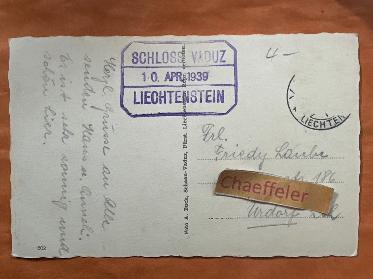 Ansichtskarten: 1939  Schloss Vaduz, Liechtenstein – Gebraucht aus Zürich von Chaeffeler 1