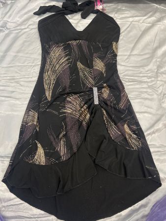 Cocktailkleid Gold Glitzer Nackenhalter Rüsche Gr M NEU
