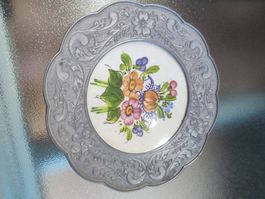 Zinn Teller mit Keramikeinsatz Blumenmuster Handgemalt