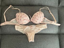 Set Unterwäsche Puderrosa BH 75B Push-Up & Slip S/M