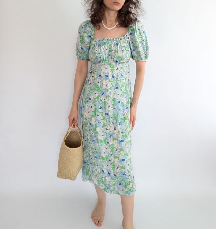Blumiges Sommerkleid Primark Gr. 36 Puffärmel grün blau