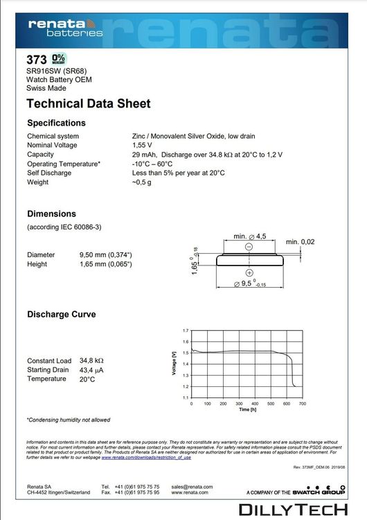 Caricatori & Batterie: Renata 373 Box, SR916SW Knopfzellenbatterie - 5 Stk. – Nuovo e nell'imballaggio originale da Erlenbach ZH venduto da dillytech.ch 3
