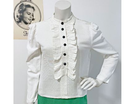 Bluse weiss Reps Gr. S mit Plissee Plastron VINTAGE 1940s