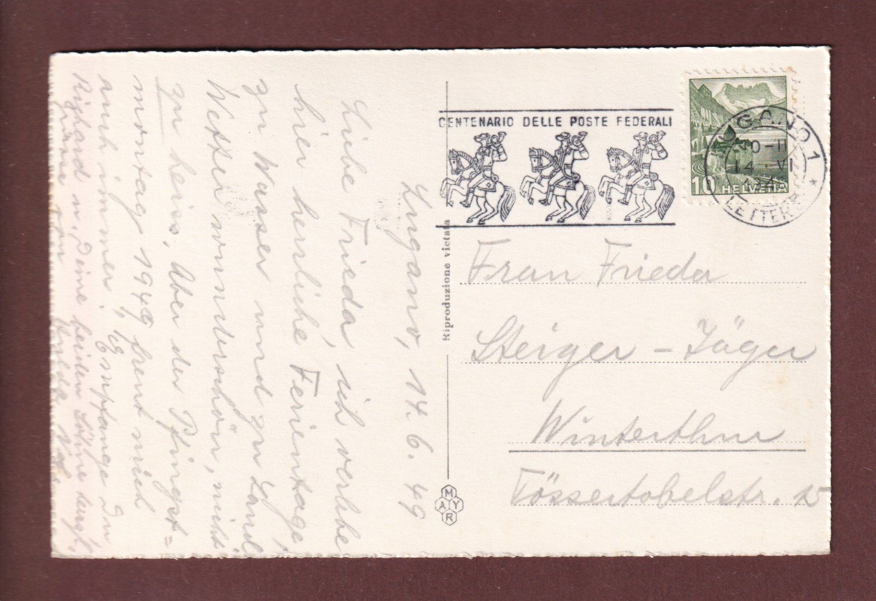 Cartoline postali: LUGANO col Monte Brè - 1949 – Usato da Pully venduto da nicecards-shop 1