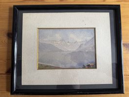 Acquerello vintage lago e montagne Svizzera cornice
