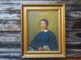 Portrait ancien à l'huile signé, femme en bleu, cadre doré