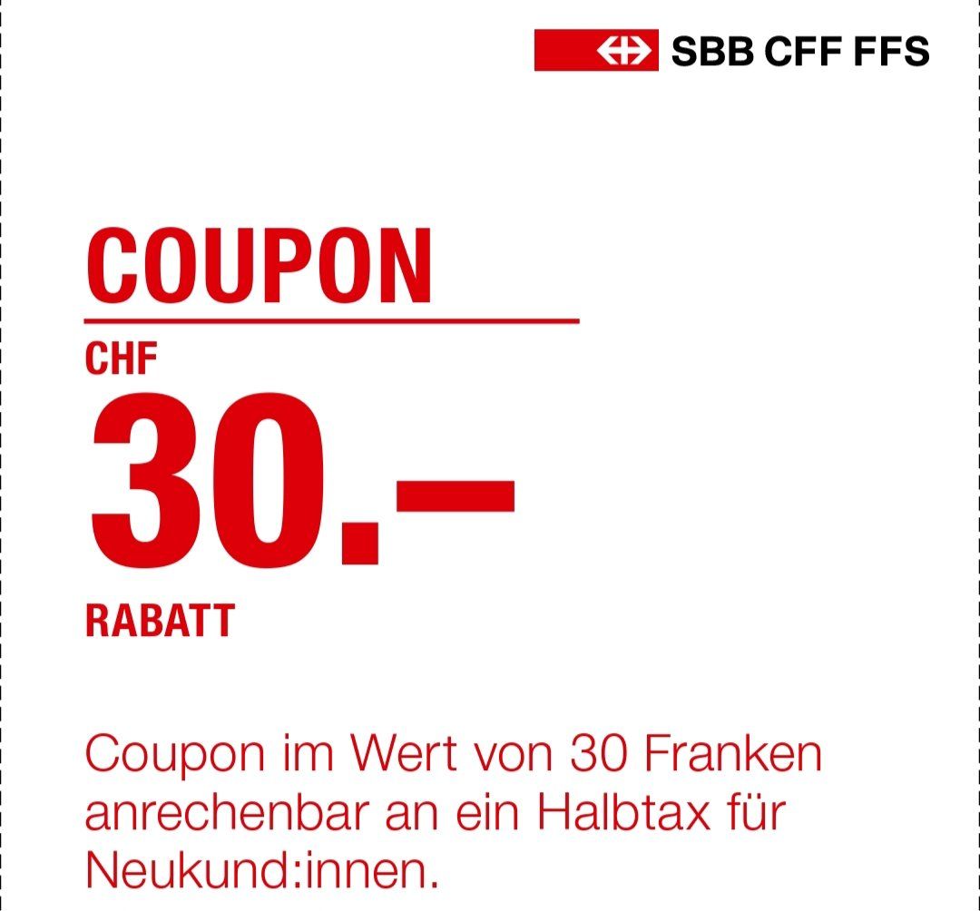 SBB/CFF/FFS Buoni: 30 Fr. Rabatt für SBB Halbtax-Abo – Nuovo e nell'imballaggio originale da Köniz venduto da Movieportal007