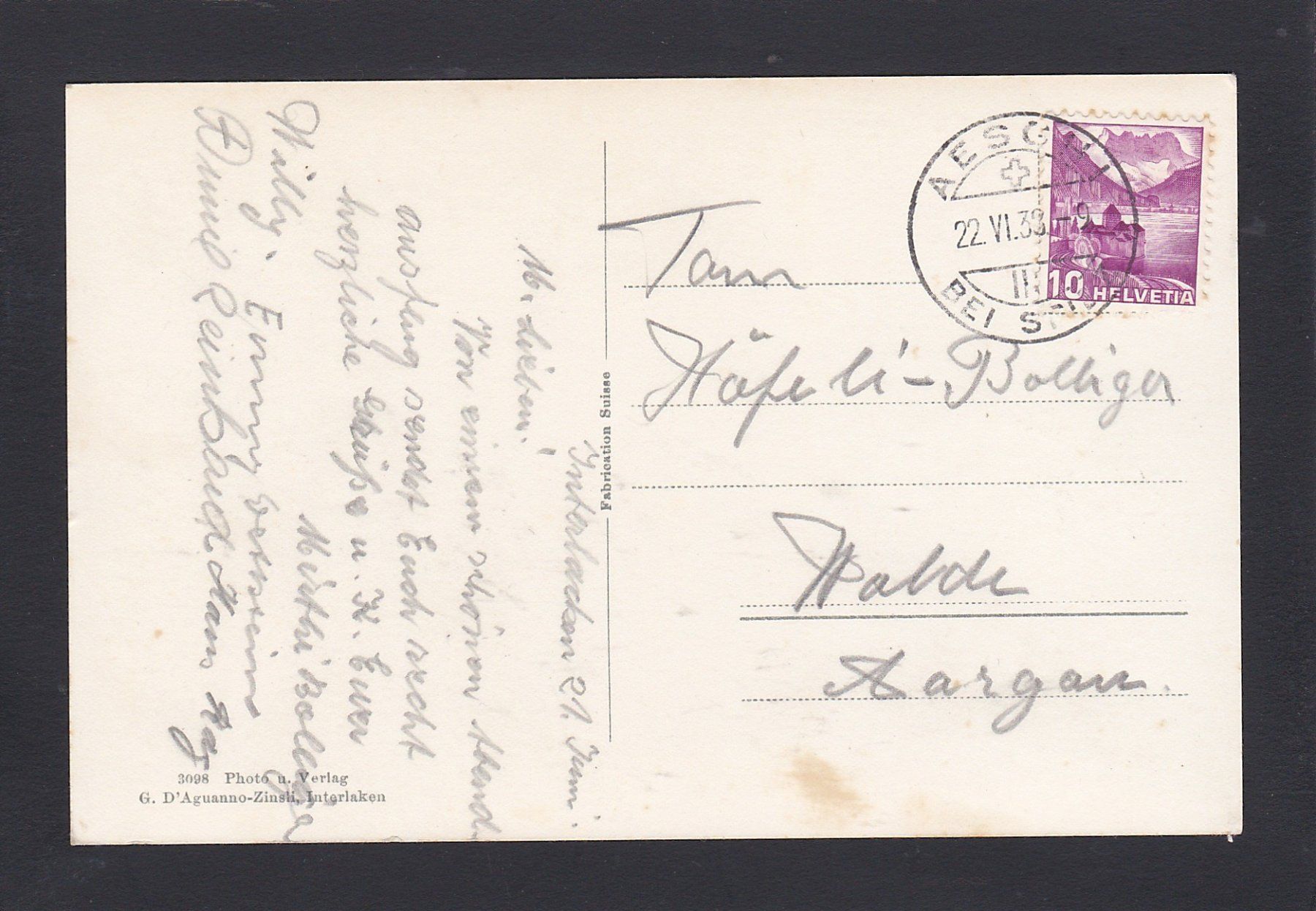 Cartoline postali: Dampfschiff "BUBENBERG" Interlaken Schiffstation, 1938 – Usato da Reiden venduto da cinfis 1