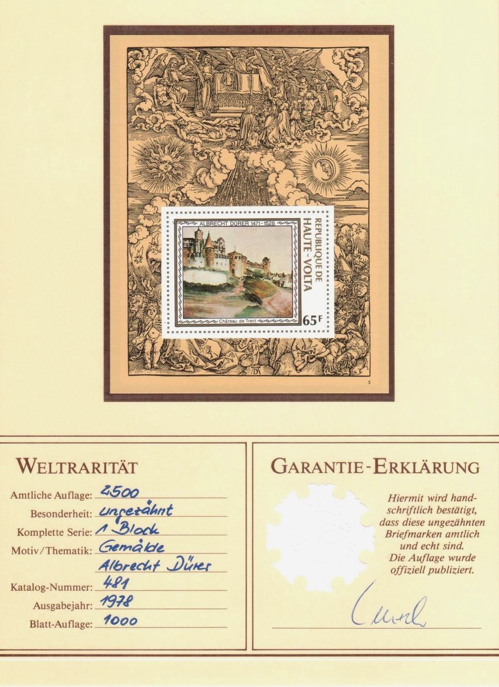 Tutti i francobolli: Albrecht Dürer - Haute-Volta - 1978 - RARE – Nuovo e nell'imballaggio originale da Chavornay venduto da 4dphila