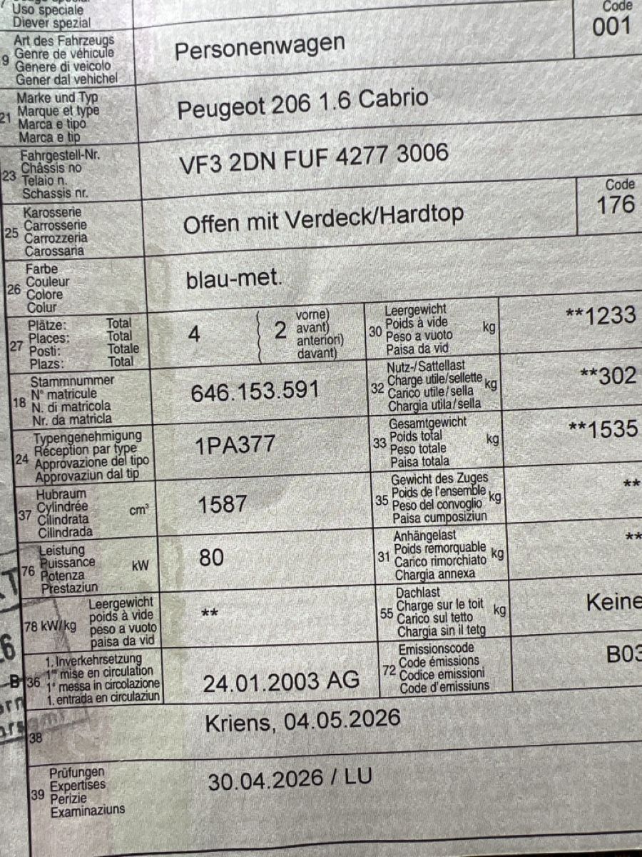 Peugeot Automobili: Peugeot 206 1.6 Cabrio – Difettoso da Oberkirch LU venduto da hoch3 4