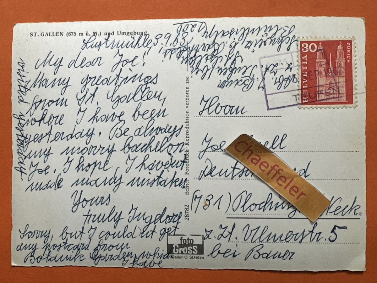 Ansichtskarten: 1963 St. Gallen. – Gebraucht aus Zürich von Chaeffeler 1