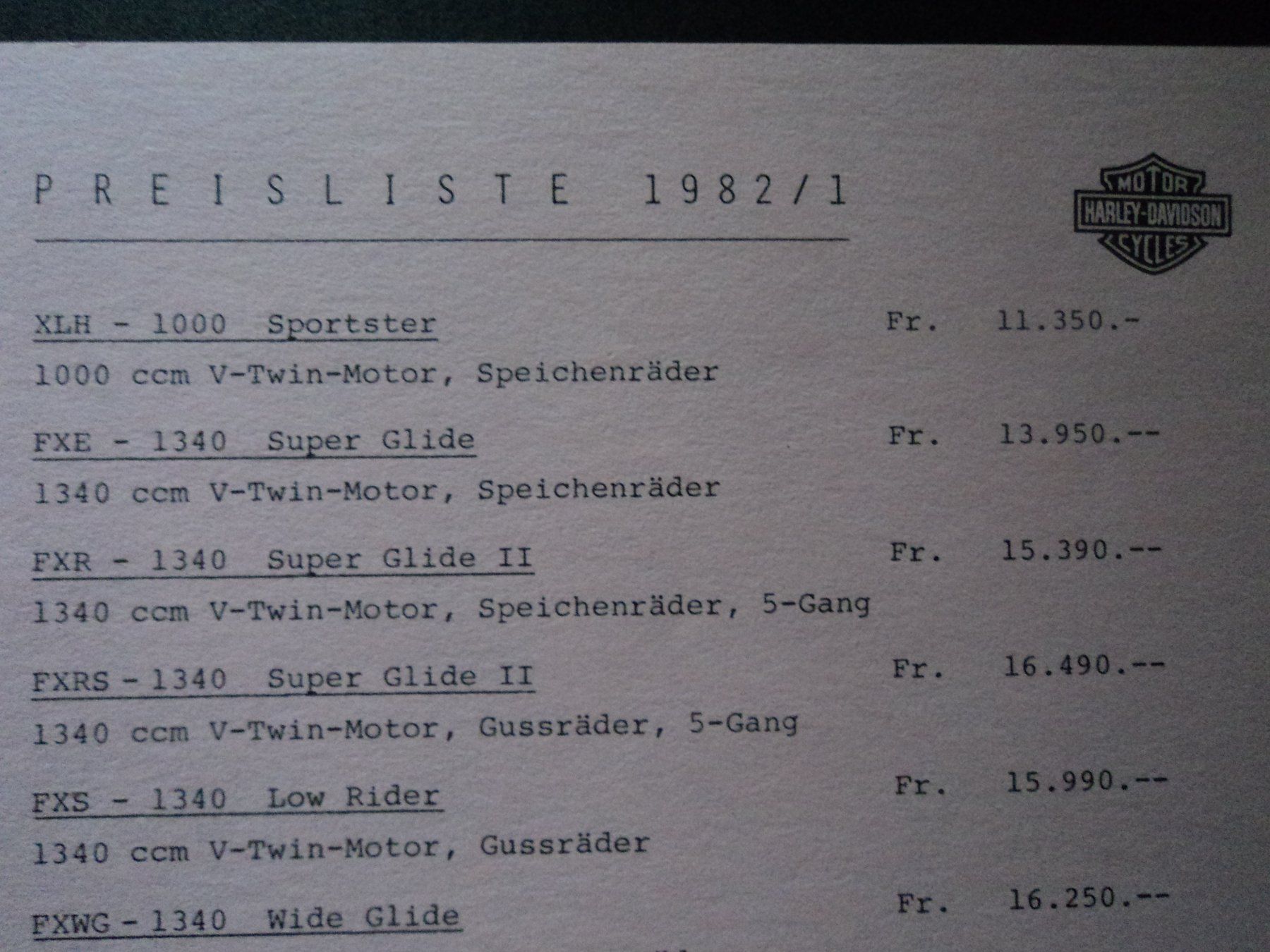 Documents: Prospekt Preisliste Harley Davidson 1982 – D'occasion à Schwarzenburg par modelCARama
