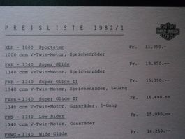 Prospekt Preisliste Harley Davidson 1982