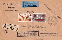 1931: R-Flugbrief mit Nr. F9+F14, Zürich-Stuttgart 25.Vlll.