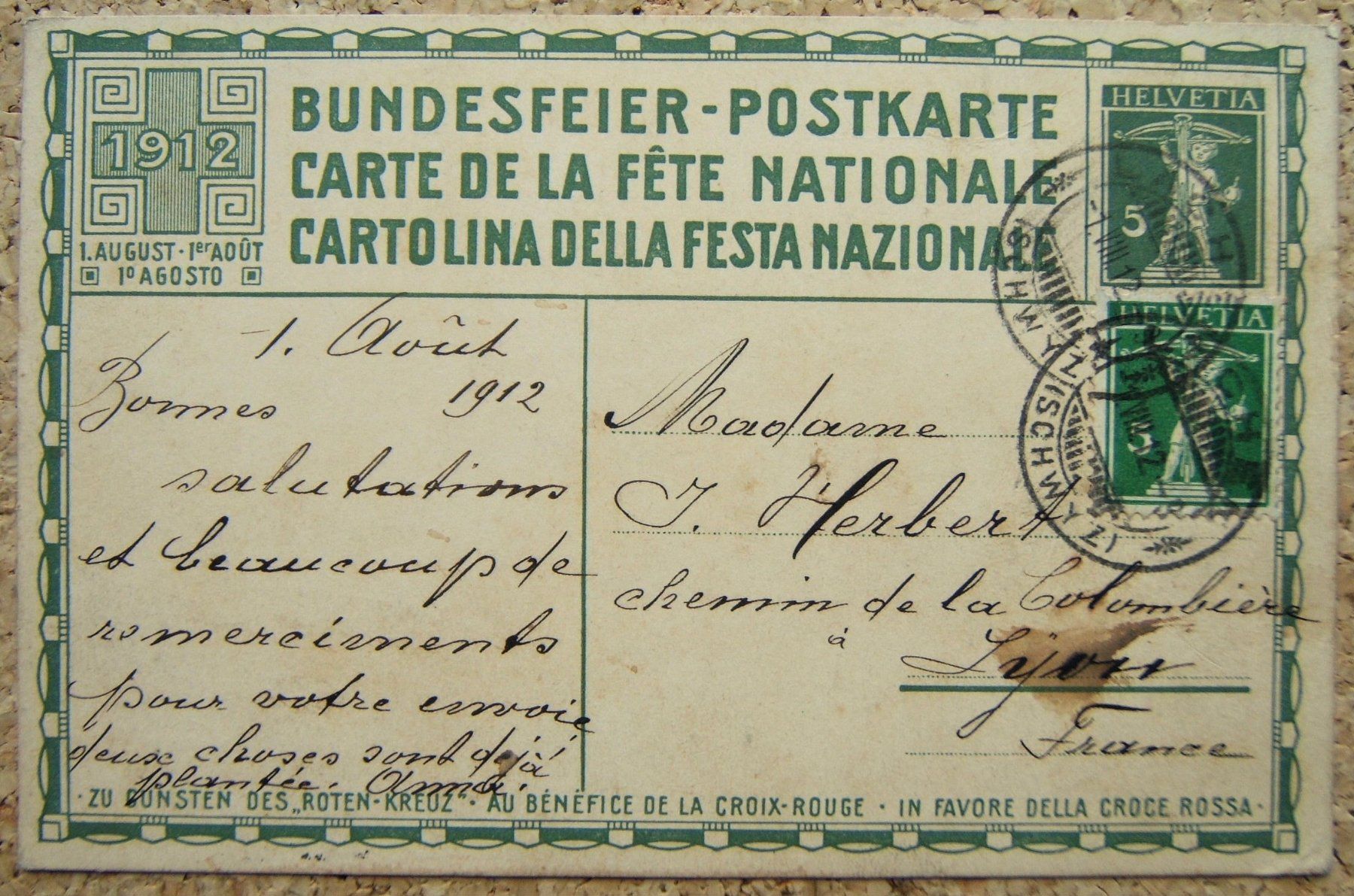 Tutti i francobolli: BUNDESFEIER-POSTKARTE 1912 – Usato da Brunnen venduto da Nonne04 1
