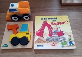 Kinderbuch "Was macht der Bagger?" + Holzspielzeug Set