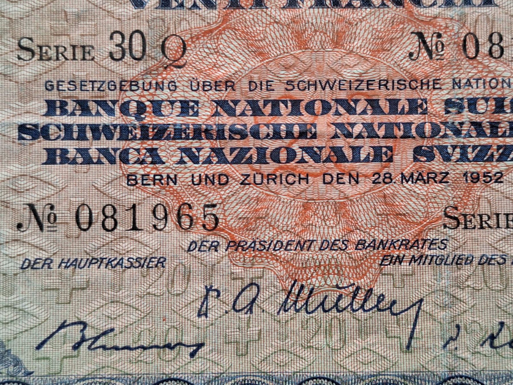 Banknoten: Schweizer Banknote 20 Franken, JG 1952 – Gebraucht aus Lohn-Ammannsegg von Beo71 2