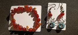 Carnelian/Amber Gemstone Jewellery Set: Bracelet & Earrings