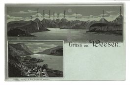 Gruss aus Weesen (SG) Walensee - Mondschein-Litho - um 1900