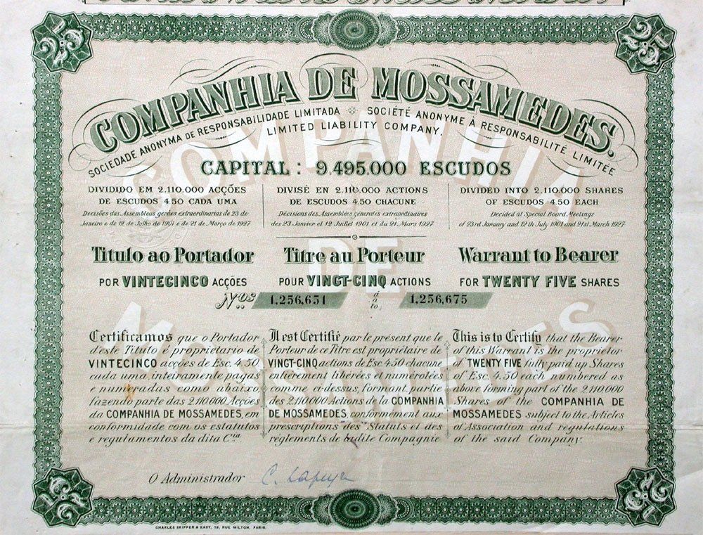 Documenti: Companhia do Mossamedes SA - 1927 – Usato da Solothurn venduto da Sgasche