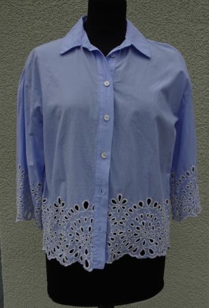 Bluse Zara Strickerei Gr L hellblau weiss kurz
