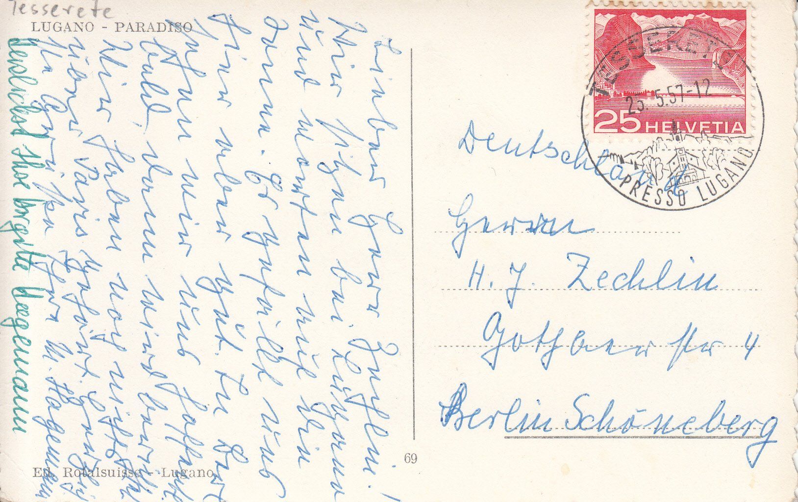 Cartoline postali: Tesserete (Lugano Paradiso) 1957 – Usato da Bürglen TG venduto da StampGraf 1