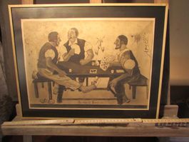Dessin ancien trois hommes jouant aux cartes "De viert Bu...