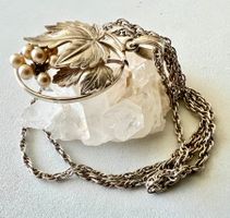 Antik Silbercollier 800 Weinlaub,Trauben & Perlen Handarbeit