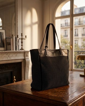 SAINT LAURENT Studded Shopper Tote Schwarz Leder Top