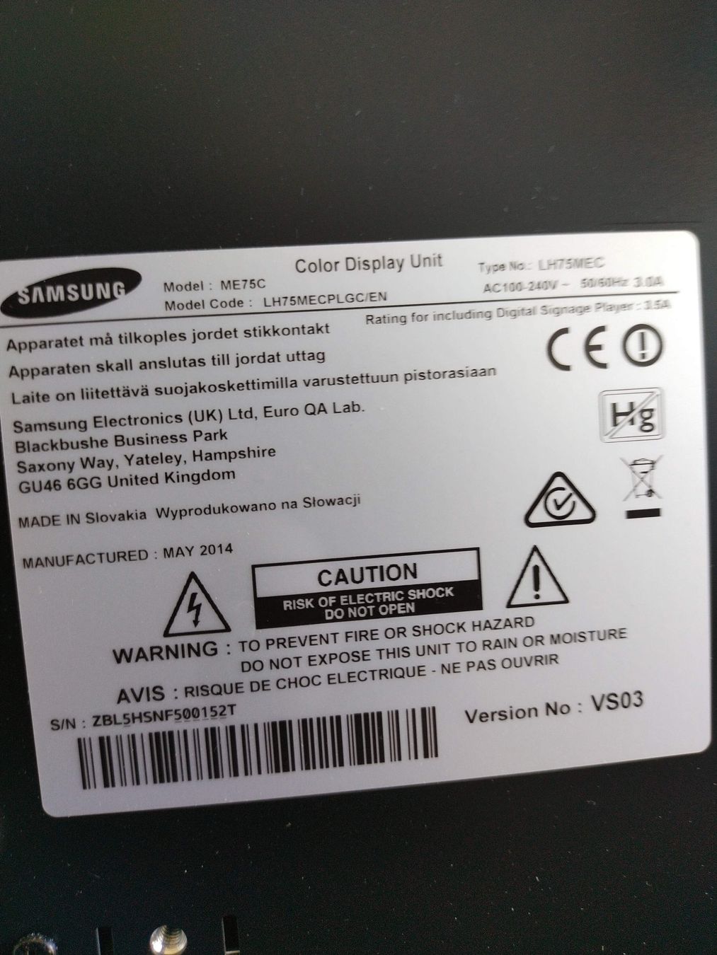 Samsung Monitore: Samsung Color display unit ME75C 75" – Gebraucht aus Affoltern am Albis von Zapro 2