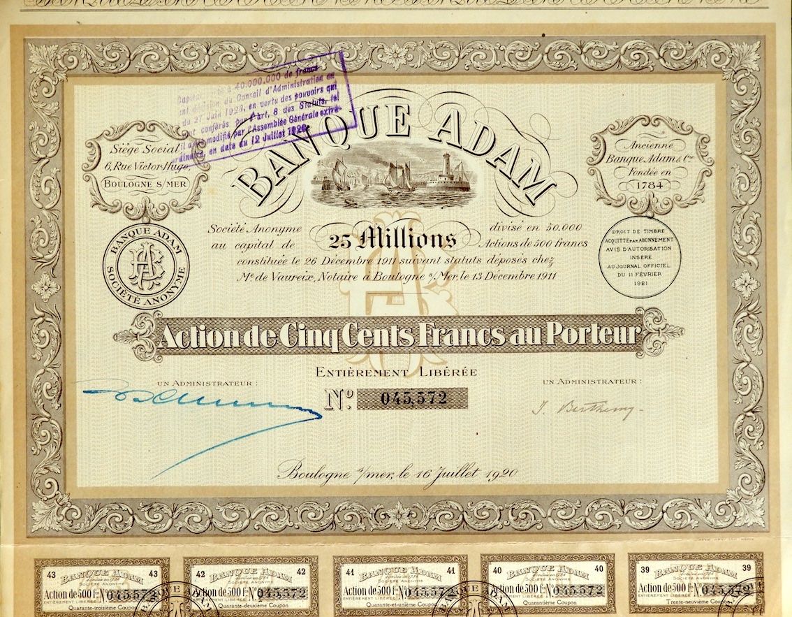 Documenti: Banque Adam SA, Boulogne - 1920 – Usato da Solothurn venduto da Sgasche