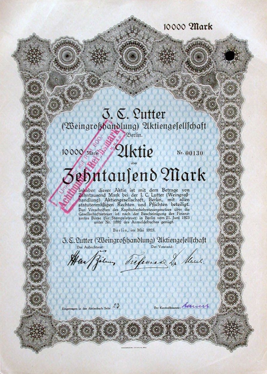 Dokumente: J.C. Lutter (Weingrosshandlung) AG, Berlin - 1923 – Gebraucht aus Solothurn von Sgasche